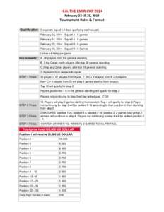 H.H. THE EMIR CUP 2014 February 23 till 28, 2014 Tournament Rules & Format Qualification 2 separate squad ( 2 days qualifying each squad) February 23, [removed]Squad A - 5 games