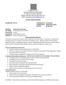 PUEBLO OF ISLETA HUMAN RESOURCES DEPARTMENT P.O. BOX 1270, ISLETA, NM[removed]PHONE: ([removed]FAX: ([removed]EMAIL: [removed] VACANCY ANNOUNCEMENT