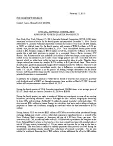 February 27, 2015 FOR IMMEDIATE RELEASE Contact: Laura UlbrandtLEUCADIA NATIONAL CORPORATION ANNOUNCES FOURTH QUARTER 2014 RESULTS