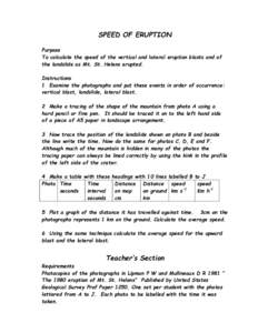 SPEED OF ERUPTION Purpose To calculate the speed of the vertical and lateral eruption blasts and of the landslide as Mt. St. Helens erupted. Instructions 1 Examine the photographs and put these events in order of occurre