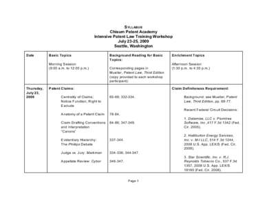 SYLLABUS Chisum Patent Academy Intensive Patent Law Training Workshop July 23-25, 2009 Seattle, Washington Date