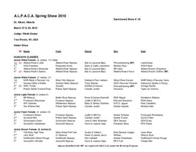 A.L.P.A.C.A. Spring Show 2010 Sanctioned Show #: 23 St. Albert, Alberta March 27 & 28, 2010 Judge: Wade Gease Two Rivers, WI, USA