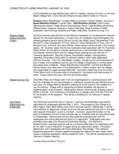 COMMITTEE-AT-LARGE MINUTES: JANUARY 22, 2013 The Committee-at-Large Meeting was held on Tuesday, January 22, 2013, at the New Baden Village Hall, 1 East Hanover Street and was called to order at 7:00 p.m. Present: Mayor 
