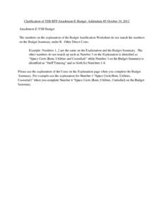 Clarification of YSB RFP Attachment E-Budget Addendum #5 October 19, 2012 Attachment E-YSB Budget The numbers on the explanation of the Budget Justification Worksheet do not match the numbers on the Budget Summary under 