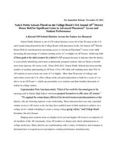 For Immediate Release: November 19, 2012  Natick Public Schools Placed on the College Board’s 3rd Annual AP® District Honor Roll for Significant Gains in Advanced Placement® Access and Student Performance A Record 53