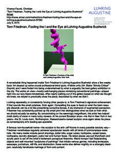 Viveros-Fauné, Christian “Tom Friedman, Fooling the I and the Eye at Luhring Augustine Bushwick” Artnet http://news.artnet.com/market/tom-friedman-fooling-the-i-and-the-eye-atluhring-augustine-bushwickJuly 9,