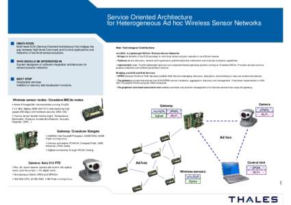 Service Oriented Architecture for Heterogeneous Ad hoc Wireless Sensor Networks INNOVATION Multi-level SOA (Service Oriented Architecture) that bridges the gap between high-level Command and Control applications and netw