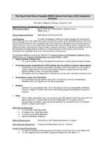 The Royal North Shore Hospital (RNSH) Spinal Cord Injury (SCI) Outpatient Services Information updated on Monday, August 02, 2010 Spinal Cord Injury Rehabilitation (Medical) Clinics Spinal Cord Injury Rehabilitation (Med