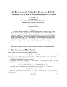 An Extension of Barbashin-Krasovski-LaSalle Theorem to a Class of Nonautonomous Systems RADU BALAN Princeton University Program in Applied and Computational Mathematics