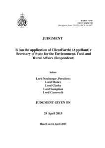 R (on the application of ClientEarth) (Appellant) v Secretary of State for the Environment, Food and Rural Affairs (Respondent)