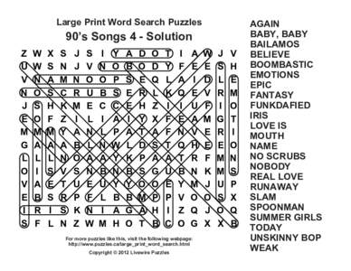 Large Print Word Search Puzzles  90’s Songs 4 - Solution Z U V