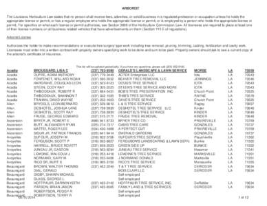 ARBORIST The Louisiana Horticulture Law states that no person shall receive fees, advertise, or solicit business in a regulated profession or occupation unless he holds the appropriate license or permit, or has a regular