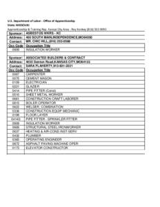 U.S. Department of Labor ‐ Office of Apprenticeship State: MISSOURI Apprenticeship & Training Rep. Kansas City Area ‐ Roy Konkey (816) 502‐9093 Sponsor: ASBESTOS WKRS - KC Address: 400 SOUTH MAIN