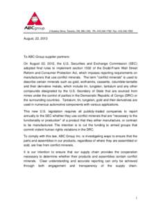 2 Norelco Drive, Toronto, ON, M9L 2X6 Ph: [removed]Fax: [removed]August, 22, 2013 To ABC Group supplier partners: On August 22, 2012, the U.S. Securities and Exchange Commission (SEC)