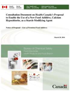 Consultation Document on Health Canada’s Proposal to Enable the Use of a New Food Additive, Calcium Hypochlorite, as a Starch-Modifying Agent Consultation Document on Health Canada’s Proposal to Enable the Use of a N