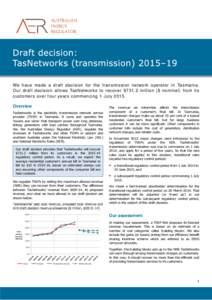 We have made a draft decision for the transmission network operator in Tasmania. Our draft decision allows TasNetworks to recover $731.2 million ($ nominal) from its customers over four years commencing 1 July[removed]Over