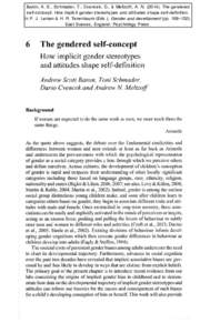 Baron, A. S., Schmader, T., Cvencek, D., & Meltzoff, A. N[removed]The gendered self-concept: How implicit gender stereotypes and attitudes shape self-definition. In P. J. Leman & H. R. Tenenbaum (Eds.), Gender and devel