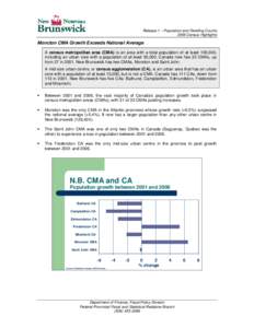 Release 1 – Population and Dwelling Counts 2006 Census Highlights Moncton CMA Growth Exceeds National Average A census metropolitan area (CMA) is an area with a total population of at least 100,000, including an urban 