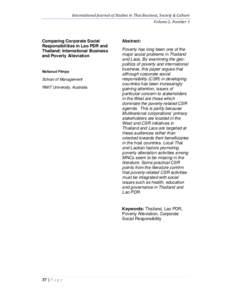 International Journal of Studies in Thai Business, Society & Culture Volume 2, Number 1 Comparing Corporate Social Responsibilities in Lao PDR and Thailand: International Business