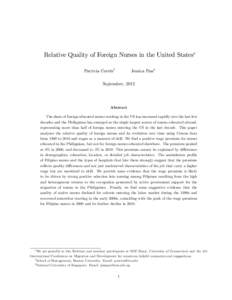 Relative Quality of Foreign Nurses in the United States Patricia Cortésy Jessica Panz  September, 2012