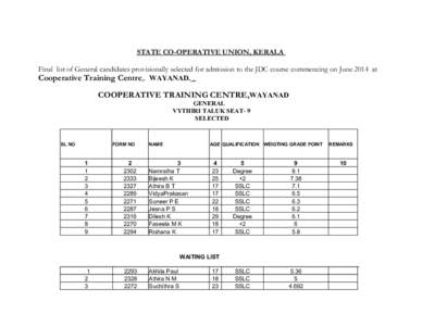 STATE CO-OPERATIVE UNION, KERALA Final list of General candidates provisionally selected for admission to the JDC course commencing on June 2014 at Cooperative Training Centre,. WAYANAD. . COOPERATIVE TRAINING CENTRE,WAY