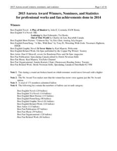 2015 Aurora award winners, nominees, and statistics  Page 1 ofAurora Award Winners, Nominees, and Statistics for professional works and fan achievements done in 2014