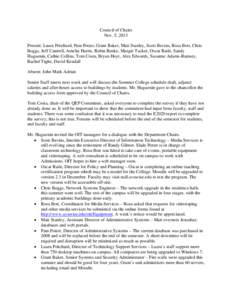 Council of Chairs Nov. 5, 2013 Present: Laura Pritchard, Pam Potter, Grant Baker, Matt Stanley, Scott Bevins, Rosa Bott, Chris Boggs, Jeff Cantrell, Amelia Harris, Robin Benke, Margie Tucker, Oscar Raile, Sandy Huguenin,