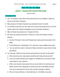 How We Got the Bible - Lesson 4 Important New Testament Manuscripts  Page 1