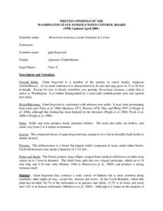 WRITTEN FINDINGS OF THE WASHINGTON STATE NOXIOUS WEED CONTROL BOARD (1998, Updated April[removed]Scientific name:  Heracleum mantegazzianum Sommier & Levier