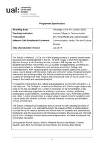 Programme Specification Awarding Body University of the Arts London (UAL)  Teaching Institution