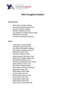2014 YoungArts Finalists Cinematic Arts Stephen Boyer / Pasadena, California Kira Bursky / Weaverville, North Carolina Lixing Chu / Interlochen, Michigan Adam Katz / Woodbury, New York