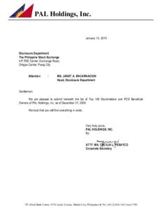 PAL Holdings, Inc.  January 13, 2010 Disclosure Department The Philippine Stock Exchange