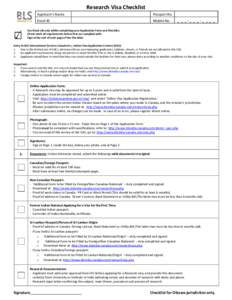 Research Visa Checklist Appli a t s Na e Passport No.  Email ID