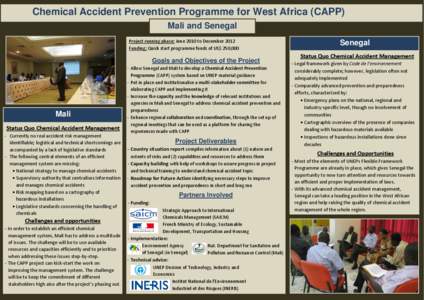 Chemical Accident Prevention Programme for West Africa (CAPP) Mali and Senegal Project running phase: June 2010 to December 2012 Funding: Quick start programme funds of US$ 250,000  Goals and Objectives of the Project