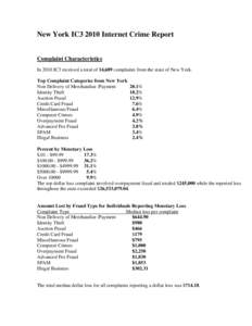 New York IC3 2010 Internet Crime Report Complaint Characteristics In 2010 IC3 received a total of 14,689 complaints from the state of New York. Top Complaint Categories from New York Non Delivery of Merchandise /Payment 