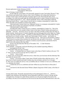 Southern Campaign American Revolution Pension Statements Pension application of John Nicholson S31882 fn71NC Transcribed by Will Graves State of Georgia, County of Hall On this fifth day of November 1832 Personally appea