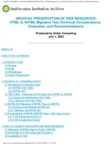 ARCHIVAL PRESERVATION OF WEB RESOURCES: HTML to XHTML Migration Test Technical Considerations, Evaluation, and Recommendations