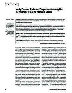 A R T I C L E S  Family Planning Advice and Postpartum Contraceptive Use Among Low-Income Women in Mexico By Sarah L. Barber Sarah L. Barber is