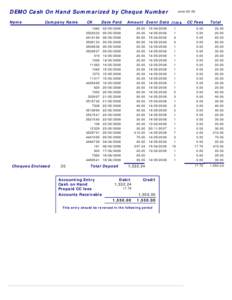 DEMO Cash On Hand Summarized by Cheque Number Name Company Name  Cheques Enclosed