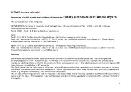 OVERVIEW document reformatv1 Comparison of AS/NZ standards with EN and IEC standards – Rotary clothes driers/Tumble dryers  The standards below were compared: