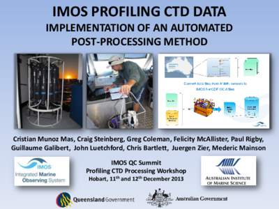 IMOS PROFILING CTD DATA IMPLEMENTATION OF AN AUTOMATED POST-PROCESSING METHOD Cristian Munoz Mas, Craig Steinberg, Greg Coleman, Felicity McAllister, Paul Rigby, Guillaume Galibert, John Luetchford, Chris Bartlett, Juerg