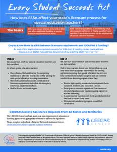 Every Student Succeeds Act How does ESSA affect your state’s licensure process for special education teachers? The Basics  ESSA was passed into law in December 2015