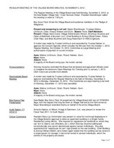 REGULAR MEETING OF THE VILLAGE BOARD MINUTES, NOVEMBER 5, 2012 The Regular Meeting of the Village Board was held Monday, November 5, 2012, at the New Baden Village Hall, 1 East Hanover Street. President Brandmeyer called