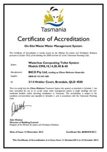 Department of Justice - Certificate of Accreditation  BSR0559/2012 Clivus Multrum