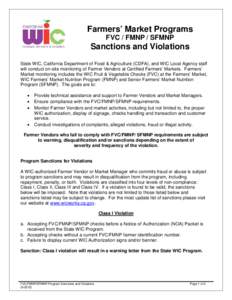 Farmers’ Market Programs FVC / FMNP / SFMNP Sanctions and Violations State WIC, California Department of Food & Agriculture (CDFA), and WIC Local Agency staff will conduct on-site monitoring of Farmer Vendors at Certif