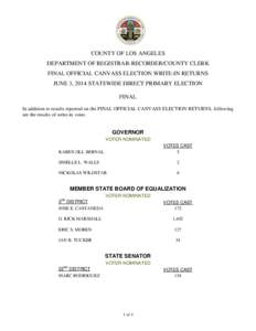 COUNTY OF LOS ANGELES DEPARTMENT OF REGISTRAR-RECORDER/COUNTY CLERK FINAL OFFICIAL CANVASS ELECTION WRITE-IN RETURNS JUNE 3, 2014 STATEWIDE DIRECT PRIMARY ELECTION FINAL In addition to results reported on the FINAL OFFIC