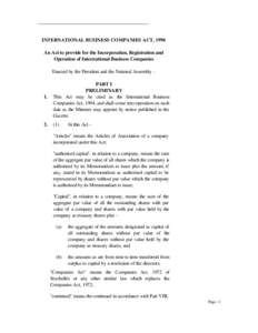 __________________________________________________________  INTERNATIONAL BUSINESS COMPANIES ACT, 1994 An Act to provide for the Incorporation, Registration and Operation of International Business Companies Enacted by th