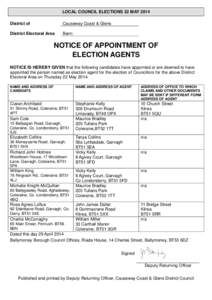 LOCAL COUNCIL ELECTIONS 22 MAY 2014 District of Causeway Coast & Glens  District Electoral Area