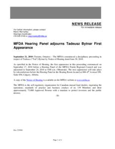 News Release - MFDA Hearing Panel adjourns Tadeusz Bytnar First Appearance
