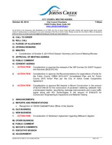 CITY COUNCIL MEETING AGENDA City Council Chambers		[removed]Findley Road, Suite 300 www.JohnsCreekGA.gov  October 20, 2014